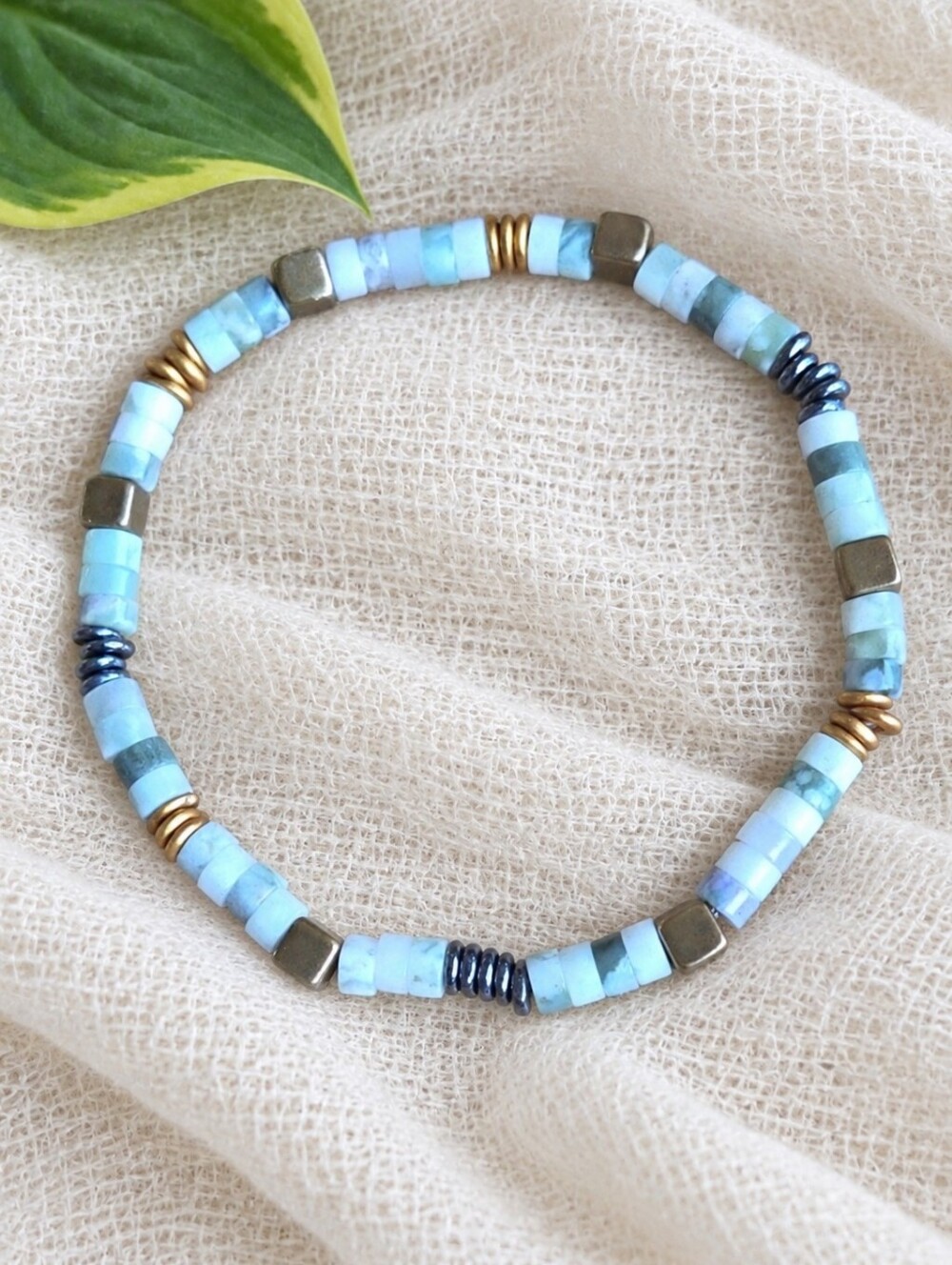 Green Jade Heishi  Beaded Stretch Bracelet | Handmade